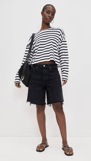 Cropped Long Sleeve Stripe in Navy