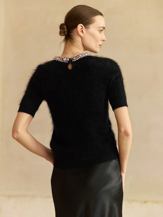 Jeweled Cashmere Short-Sleeve Sweater