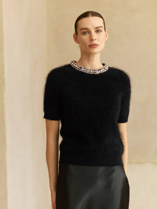 Jeweled Cashmere Short-Sleeve Sweater